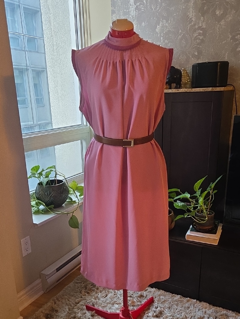 Vintage Sleeveless Blush Pink Gathered Neck Dress
